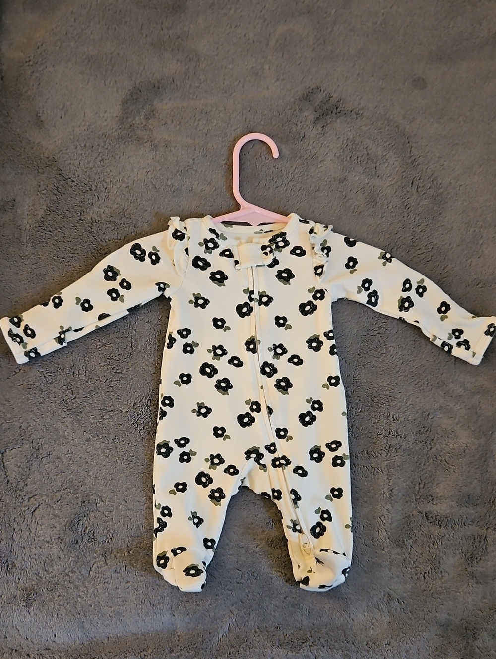 Carter's Cream Zip Footed One-Piece with Black Floral Print